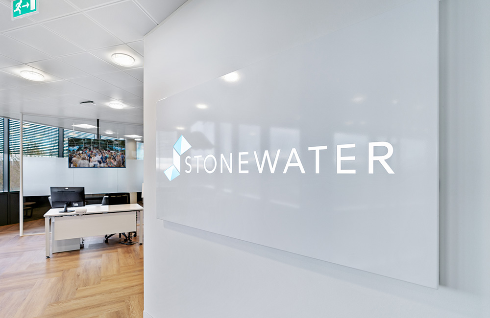 A door with the Stonewater logo on it